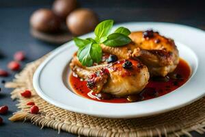 pollo con salsa e verdure su un' piatto. ai-generato foto