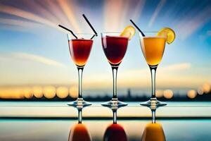 tre bicchieri di cocktail con un' tramonto nel il sfondo. ai-generato foto