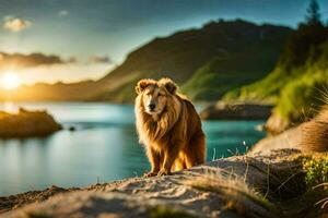 un' cane in piedi su il bordo di un' scogliera prospiciente un' lago. ai-generato foto