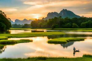 un' uomo pesca nel un' fiume a tramonto con montagne nel il sfondo. ai-generato foto