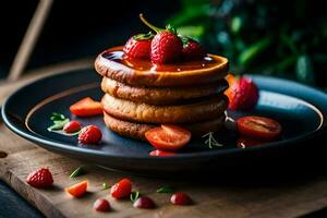 pila di Pancakes con fragole su un' nero piatto. ai-generato foto