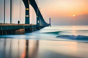 un' lungo esposizione fotografia di un' ponte al di sopra di il oceano. ai-generato foto