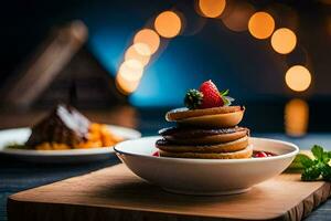 un' piatto di Pancakes con fragole e cioccolato. ai-generato foto