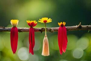 quattro rosso e giallo fiori siamo legato per un' ramo. ai-generato foto