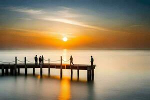 persone in piedi su un' molo a tramonto. ai-generato foto