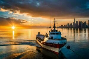 un' barca nel il oceano a tramonto. ai-generato foto