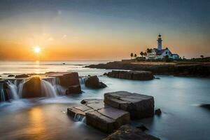 il faro a tramonto. ai-generato foto