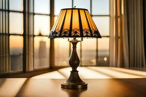 un' lampada su un' tavolo nel davanti di un' finestra. ai-generato foto