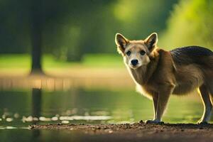 un' cane in piedi nel il acqua vicino un' stagno. ai-generato foto