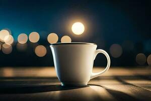 un' caffè tazza seduta su un' tavolo nel davanti di un' notte cielo. ai-generato foto