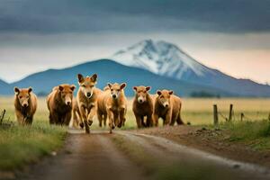 un' gruppo di Marrone mucche a piedi giù un' sporco strada. ai-generato foto