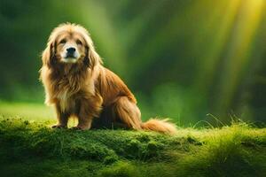 un' d'oro cane da riporto seduta su superiore di un' verde erboso collina. ai-generato foto