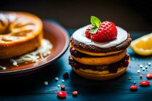 un' torta con fragole e crema su un' piatto. ai-generato foto