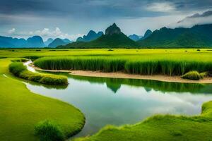 il verde erba, il acqua, il montagne, il cielo, il nuvole, il fiume,. ai-generato foto