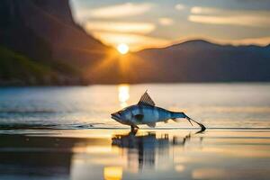 un' pesce è in piedi su il acqua a tramonto. ai-generato foto