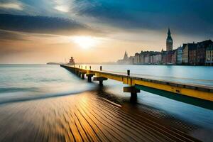 un' molo nel il acqua con un' faro nel il sfondo. ai-generato foto