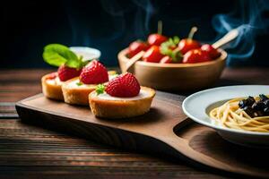 pasta, fragole e un' ciotola di salsa su un' di legno tavolo. ai-generato foto