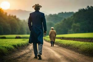 un' uomo nel un' completo da uomo e cappello a piedi giù un' sporco strada. ai-generato foto