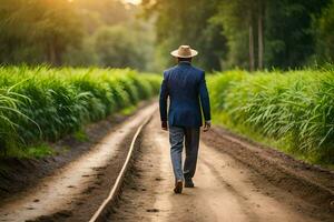 un' uomo nel un' completo da uomo e cappello a piedi giù un' sporco strada. ai-generato foto