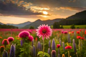 un' rosa fiore sta su nel il mezzo di un' campo. ai-generato foto