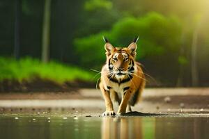 un' tigre a piedi attraverso un' fiume nel il foresta. ai-generato foto