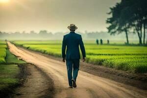 un' uomo nel un' completo da uomo e cappello passeggiate giù un' sporco strada. ai-generato foto