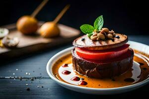 un' dolce con un' pomodoro e un' pezzo di carne. ai-generato foto