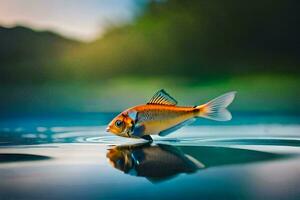 un' pesce è in piedi su il acqua con suo riflessione. ai-generato foto