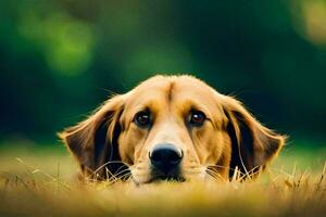 un' cane posa nel il erba guardare a il telecamera. ai-generato foto