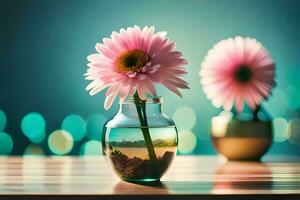 Due rosa fiori nel un' vaso su un' tavolo. ai-generato foto