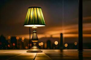 un' lampada su un' tavolo nel davanti di un' città orizzonte. ai-generato foto