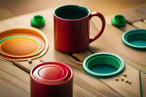 colorato tazze e tazze su un' tavolo. ai-generato foto