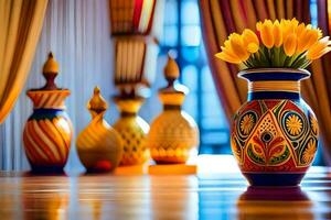 colorato vasi con giallo tulipani nel loro. ai-generato foto