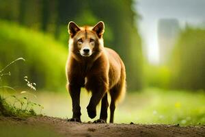 un' rosso cane a piedi su un' sporco strada. ai-generato foto