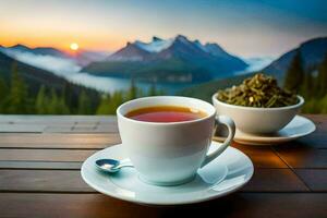 un' tazza di tè e un' ciotola di erbe aromatiche su un' tavolo nel davanti di un' montagna Visualizza. ai-generato foto