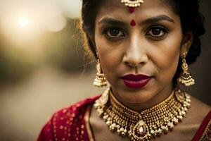 un' bellissimo indiano donna indossare un' tradizionale gioielleria. ai-generato foto
