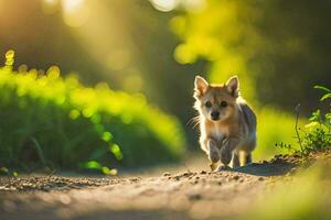 un' cucciolo in esecuzione su un' sporco strada nel il luce del sole. ai-generato foto