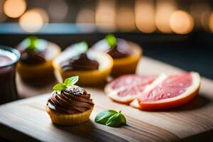 un' di legno taglio tavola con cupcakes e Uva. ai-generato foto