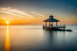 un' gazebo si siede su il riva di un' lago a tramonto. ai-generato foto