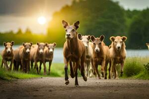 un' mandria di cavalli in esecuzione giù un' sporco strada. ai-generato foto