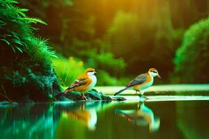 Due uccelli in piedi su il bordo di un' stagno. ai-generato foto