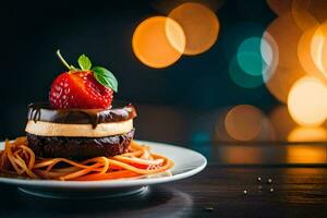 un' cioccolato torta con fragole e un' cioccolato salsa. ai-generato foto