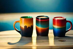 tre colorato caffè tazze seduta su un' di legno tavolo. ai-generato foto