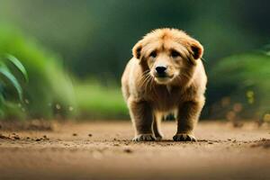 un' cane a piedi su un' sporco strada nel il mezzo di un' campo. ai-generato foto