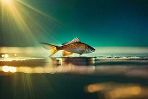 un' pesce è in piedi su il acqua con il sole splendente. ai-generato foto