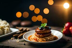 un' piatto di cibo con spaghetti e carne su un' di legno tavolo. ai-generato foto