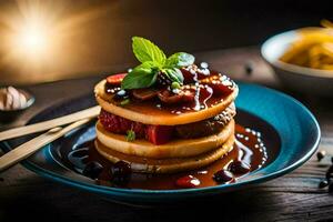 Pancakes con frutti di bosco e sciroppo su un' piatto. ai-generato foto