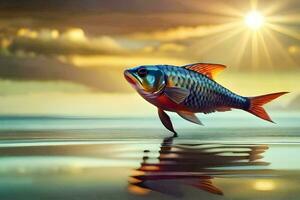 un' pesce è in piedi su il spiaggia con il sole nel il sfondo. ai-generato foto