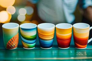 cinque colorato tazze foderato su su un' tavolo. ai-generato foto