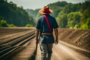 un' uomo nel un' cappello passeggiate giù un' Ferrovia traccia. ai-generato foto